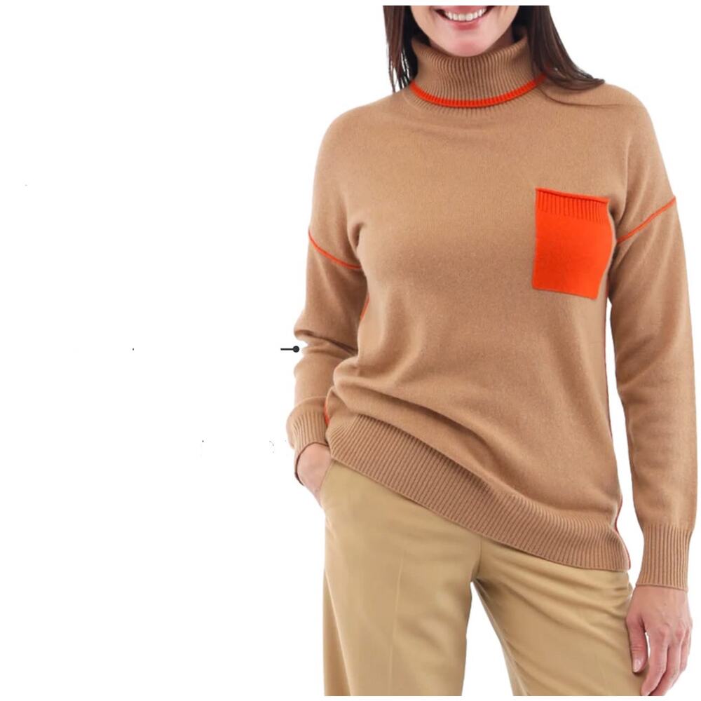 InCashmere Camel Contrast Stitch Pocket Cashmere Pullover Turtleneck Sweater M